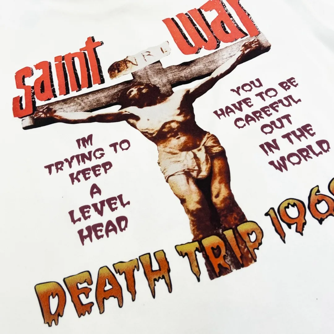 Saint Michael cross male god VTG American print retro Vintage loose short-sleeved T-shirt with digital white ink direct printing. The fabric is breathable and the pattern is three-dimensional and clear. Fabric: Double yarn 240g Style number: S911 Size: S-M-L-XL Color: White Price: P110